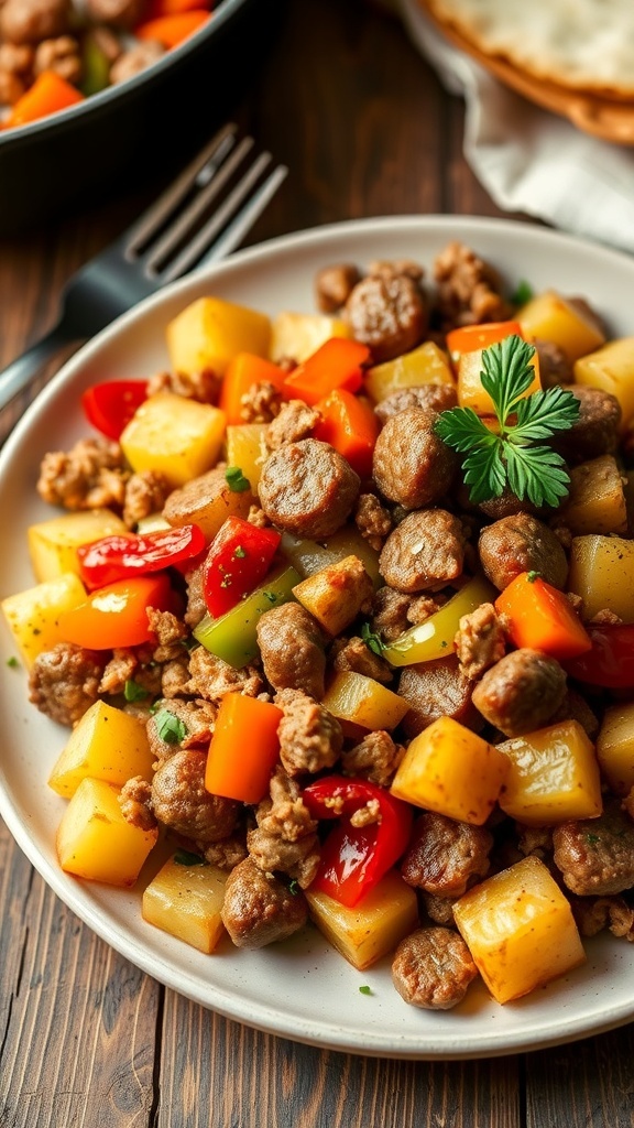 A delicious serving of sausage and potato hash with crispy potatoes, sausage, and bell peppers, garnished with parsley.